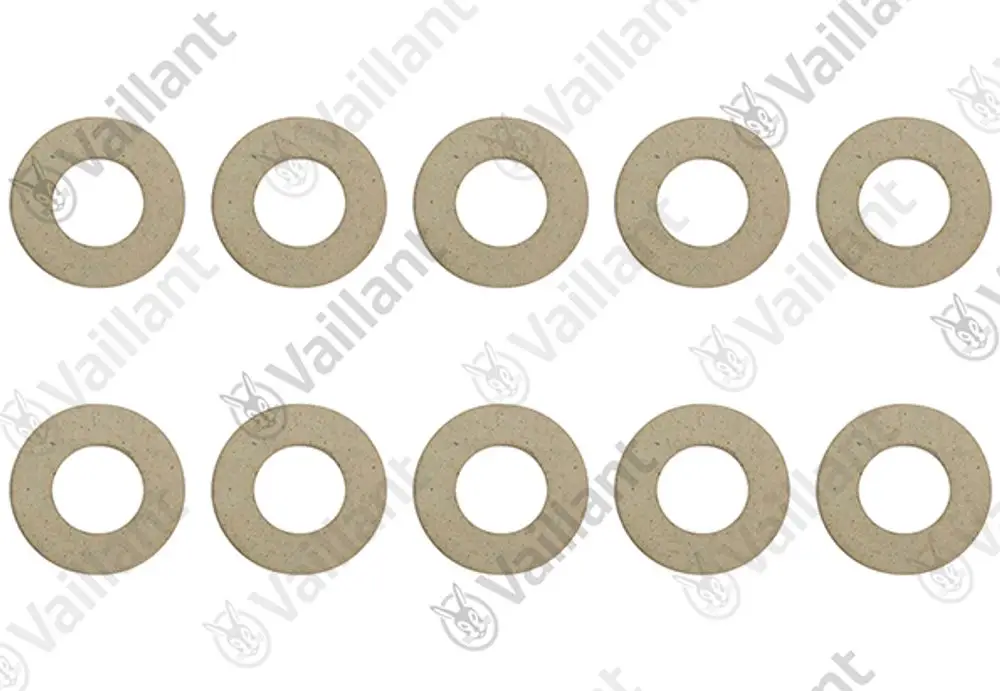 Vaillant Dichtungen in Form von flachen Ringen, beige, angeordnet in zwei Reihen mit je fünf Stück.